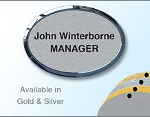 Oval Namebadge 55x39mm (B5) - Gold or Chrome frame - 2 lines of personalisation