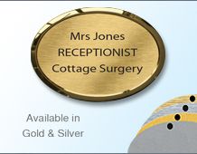Oval Namebadge 55x39mm (B5) - Gold or Chrome frame - 3 lines of personalisation