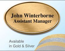 67x40mm oval name badge  gilt/chrome 2 lines of text